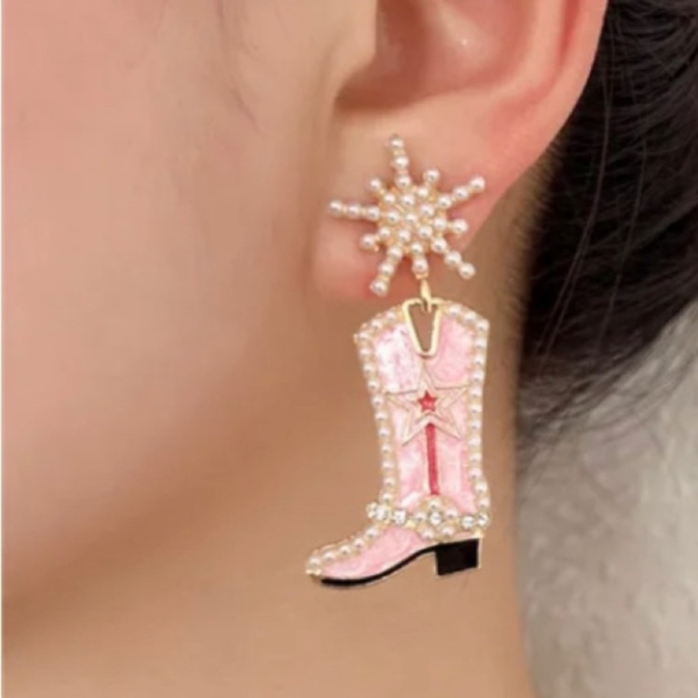 Western Style Cowgirl Boot Earrings with Pearl Accents Pink
